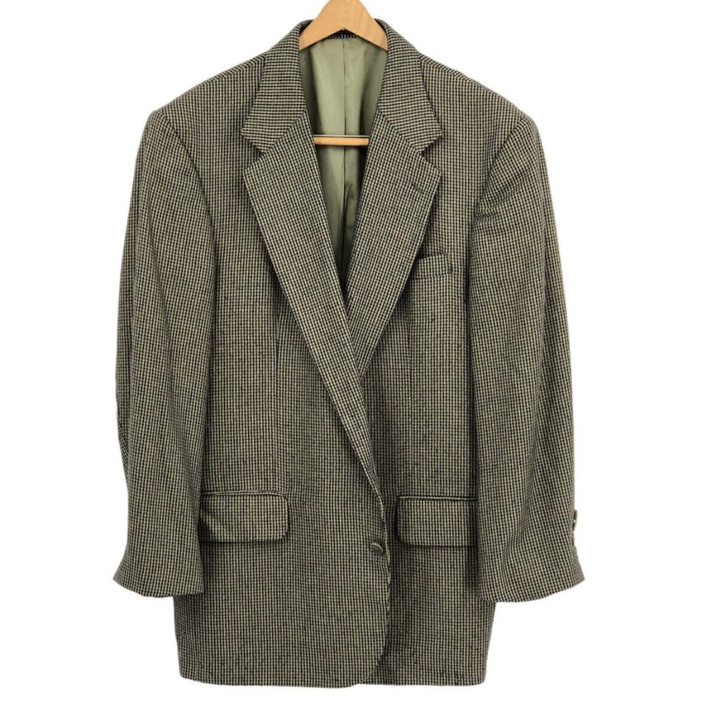 Oscar De La Renta Mens 44R Green Grey Silk Blend Houndstooth Sport Coat Blazer - Picture 2 of 12